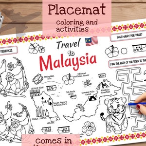 Tischset *+Reise nach Malaysia+*. Druckbare Malvorlage für Kinder. Reise Erinnerungsbogen. Kinder-Speisekarte für das Restaurant. Lernmittel und Spielzeug