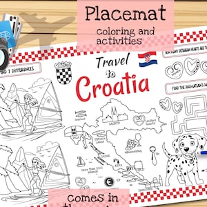 Tischset Reise nach Kroatien. Druckbare Malvorlage für Kinder. Reise Erinnerungsbogen. Kinder-Speisekarte für das Restaurant. Lernmittel und Spielzeug