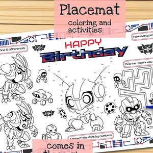 Happy Birthday Placemat. Transformers Theme. Printable Birthday Coloring Page for Kids. Happy Birthday Activity Sheet for boys