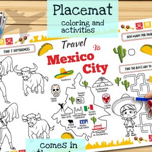 Tischset *+Reise nach Mexiko-Stadt+*. Druckbare Malvorlage für Kinder. Reise Erinnerungsbogen. Kinder-Speisekarte für das Restaurant. Lernmittel und Spielzeug