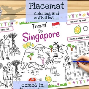 Tischset *+Reise nach Singapur+*. Druckbare Malvorlage für Kinder. Reise Erinnerungsbogen. Kinder-Speisekarte für das Restaurant. Lernmittel und Spielzeug