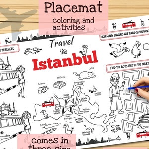 Tischset Reise nach Istanbul. Druckbare Malvorlage für Kinder. Reise Erinnerungsbogen. Kinder-Speisekarte für das Restaurant. Lernmittel und Spielzeug
