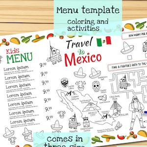 Mexikanische Menüvorlage für Kinder. Mexikanisches Restaurant mit Karte von Mexiko und Sehenswürdigkeiten. Arbeitsblatt für Kinder
