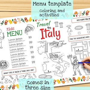 Plantilla de menú italiano para niños. Menú de restaurante italiano con un mapa de Italia y atracciones. Hoja de actividades para niños
