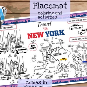 Tischset Reise nach New York. Druckbare Malvorlage für Kinder. Reise Erinnerungsbogen. Kinder-Speisekarte für das Restaurant. Lernmittel und Spielzeug