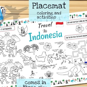 Tischset Reise nach Indonesien. Druckbare Malvorlage für Kinder. Reise Erinnerungsbogen. Kinder-Speisekarte für das Restaurant. Lernmittel und Spielzeug