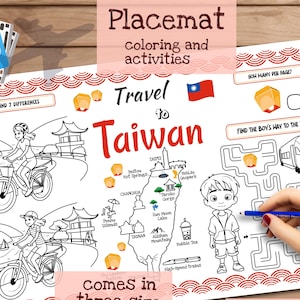 Tischset Reisen nach Taiwan. Druckbare Malvorlage für Kinder. Reise Erinnerungsbogen. Kinder-Speisekarte für das Restaurant. Lernmittel und Spielzeug