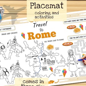 Tischset Reise nach Rom. Druckbare Malvorlage für Kinder. Reise Erinnerungsbogen. Kinder-Speisekarte für das Restaurant. Lernmittel und Spielzeug