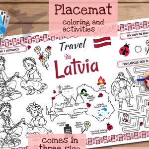 Tischset Reise nach Lettland. Druckbare Malvorlage für Kinder. Reise Erinnerungsbogen. Kinder-Speisekarte für das Restaurant. Lernmittel und Spielzeug