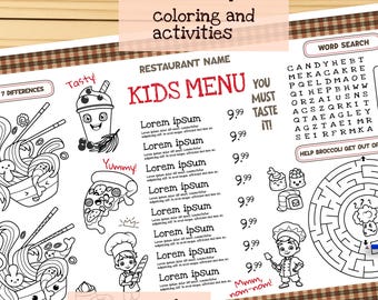 Modello stampabile di menu per bambini per ristoranti con scheda di attività divertenti inclusa. Scarica il file stampabile.