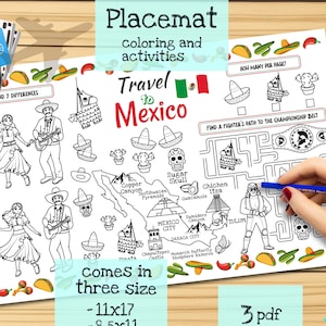 Reise nach Mexiko Tischset. Druckbare Malvorlage für Kinder. Reise Erinnerungsbogen. Kinder-Speisekarte für das Restaurant. Lernmittel und Spielzeug