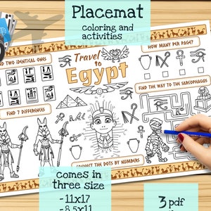Reise nach Ägypten Tischset. Druckbare Malvorlage für Kinder. Reise Erinnerungsbogen. Kinder-Speisekarte für das Restaurant