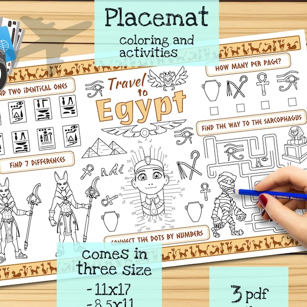 Travel to Egypt Placemat. Printable Coloring Page for Kids. Travel Activity Sheet. Kids Menu for Restaurant