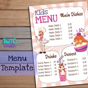Modelo de menu infantil de uma página - Design bonito para cafés e restaurantes - para impressão