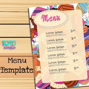 Druckbare Dessert Menü-Vorlage für Cafés und Bäckereien. Bäckerei Menü-Design. Dessert Angebot. Einseitiges Menü