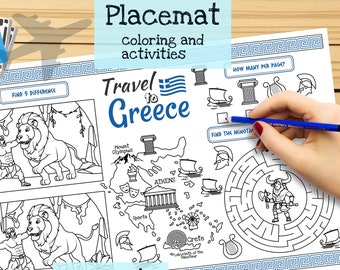 ギリシャ旅行のプレースマット。子供用の印刷可能な塗り絵。旅行アクティビティシート。レストランの子供用メニュー。教育用教材