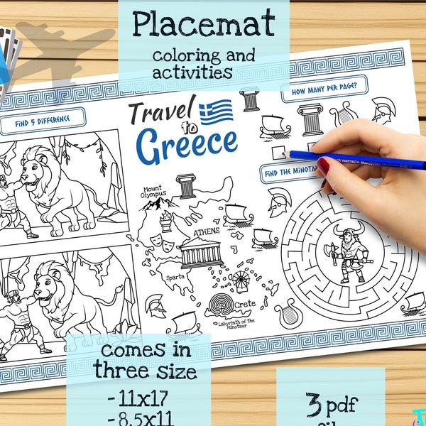 Kids Travel to Greece: Printable Placemat & Coloring Page. Spark their Wanderlust with a Fun Menu for Restaurants and Road Trips