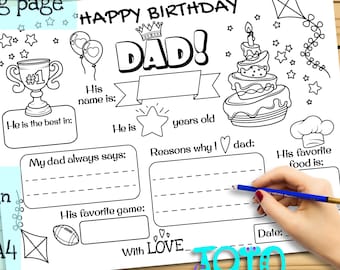 Printable Coloring Card Happy Birthday Dad. Template for DIY Greetings! Darling Gift from Children for Father&#39;s Birthday!