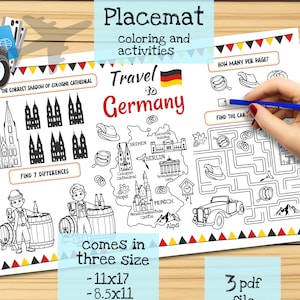 Tischset *+Reise nach Deutschland+*. Druckbare Malvorlage für Kinder. Reise Erinnerungsbogen. Kinder-Speisekarte für das Restaurant. Lernmittel und Spielzeug