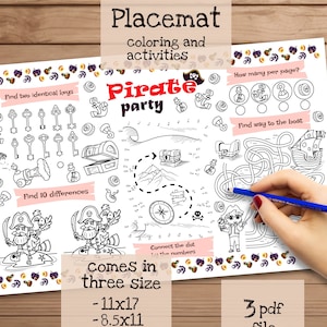 Mantel individual de fiesta pirata. Tapete de actividades. Página para colorear de cumpleaños imprimible para niños. Hoja de actividades de fiesta pirata.