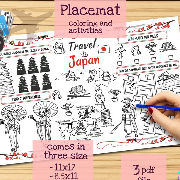 Napperon Voyage au Japon. Coloriage à imprimer pour les enfants. Feuille d'activités de voyage. Menu enfant pour le restaurant