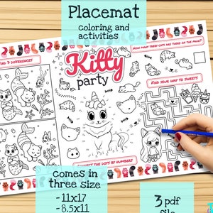 Kitty Party Placemat. Printable Birthday Coloring Page for Girls. Cats Party Activity Sheet. Kids Menu