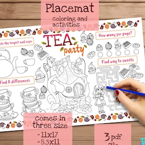 Tee-Party Tischset. Druckbare Geburtstags Malseite für Kinder. Tee-Party-Tätigkeitsblatt