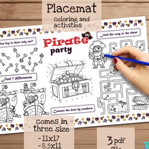 Piratenparty-Spaß! Druckbares Tischset-Aktivitätsblatt-Menü für Kinder und Restaurants