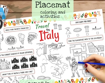 イタリア旅行のプレースマット。子供用の印刷可能な塗り絵。旅行アクティビティシート。レストランの子供用メニュー。教育用教材