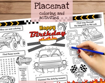 Happy Birthday Placemat. Cars Theme. Printable Birthday Coloring Page for Kids. Happy Birthday Activity Sheet. Kids Menu for Restaurants