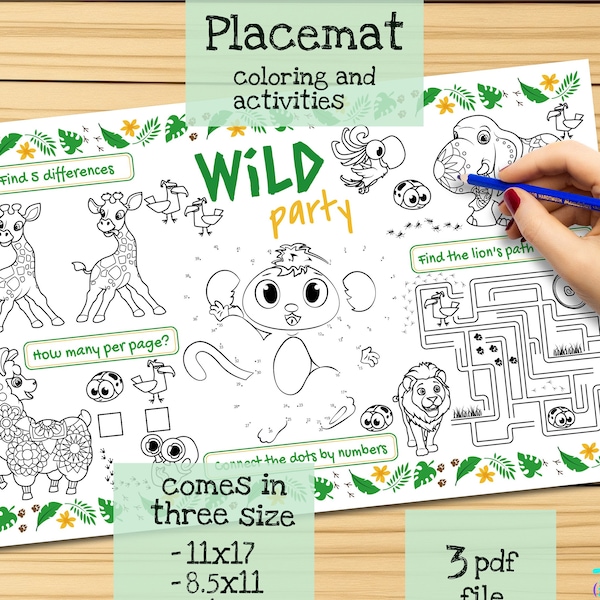 Jungle Party Placemat: Printable Coloring Page. Fun Activity Sheet for Kids. Animal Lovers' Menu