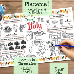 Reise nach Italien Tischset. Druckbare Malvorlage für Kinder. Reise Erinnerungsbogen. Kinder-Speisekarte für das Restaurant. Lernmittel und Spielzeug