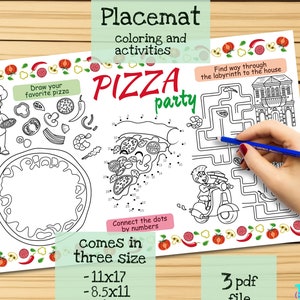 Mantel individual para fiesta de pizza. Página para colorear de cumpleaños imprimible para niños. Hoja de actividades de la fiesta de pizza. Menú infantil para restaurante