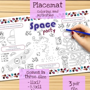 Mantel individual de fiesta espacial. Página para colorear de cumpleaños imprimible para niños. Hoja de actividades de la fiesta espacial. Menú infantil para restaurante