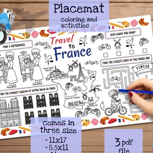 Reise nach Frankreich Tischset. Druckbare Malvorlage für Kinder. Reise Erinnerungsbogen. Kinder-Speisekarte für das Restaurant. Lernmittel und Spielzeug