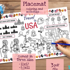 Reise nach USA Tischset. Druckbare Malvorlage für Kinder. Reise Erinnerungsbogen. Kinder-Speisekarte für das Restaurant