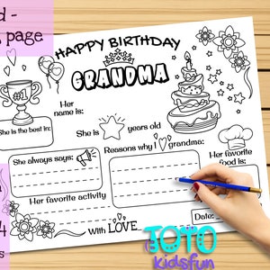 Tarjeta para colorear imprimible Feliz cumpleaños abuela. ¡Plantilla para saludos de bricolaje! ¡Querido regalo de niños para el cumpleaños de la abuela!