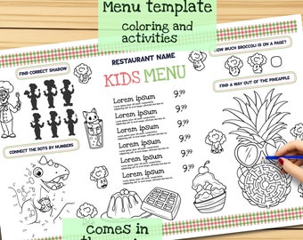 Printable Template Kids Menu for Restaurants with Fun Activity Sheet