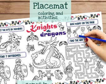 Knights and Dragons Party Placemat. Printable Birthday Coloring Page for Boys. Knights and Dragons Party Activity Sheet. Kids Menu