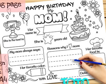 Printable Coloring Card Happy Birthday Mom. Template for DIY Greetings! Darling Gift from Children for Mother&#39;s Bday!