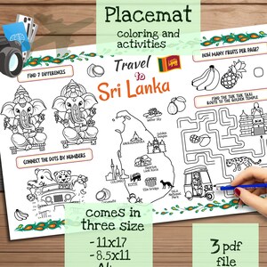 Placemat Reizen naar Sri Lanka. Afdrukbare kleurplaat voor kinderen. Activiteitenblad voor reizen. Kindermenu voor restaurant. Educatief materiaal