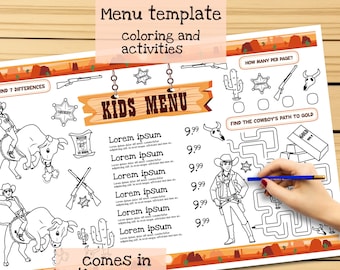 Modello di menu per bambini del selvaggio West stampabile per ristoranti con divertente foglio di attività