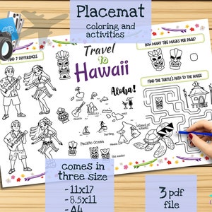 Tischset Reise nach Hawaii. Druckbare Malvorlage für Kinder. Reise Erinnerungsbogen. Kinder-Speisekarte für das Restaurant.  Lernmittel und Spielzeug