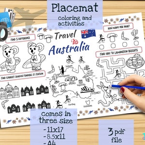 Reise nach Australien Tischset. Druckbare Malvorlage für Kinder. Reise Erinnerungsbogen. Kinder-Speisekarte für das Restaurant. Lernmittel und Spielzeug
