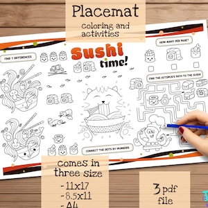 Jogo Americano para Imprimir Sushi Time. Folha de Atividades de Sushi. Página para Colorir Sushi Kawaii. Folha de Atividades de Comida Asiática