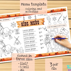 Plantilla de menú infantil del lejano oeste para restaurantes con divertida hoja de actividades para imprimir