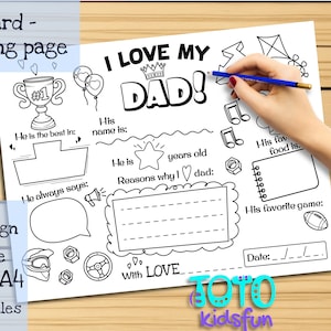 Cartão para colorir Eu amo meu pai. Modelo para saudações DIY! Presente infantil querido pai para aniversário ou dia dos pais.