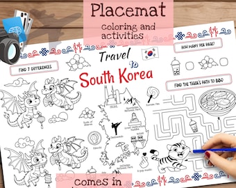 韓国旅行のプレースマット。子供向けの印刷可能な塗り絵。旅行アクティビティシート。レストランの子供向けメニュー。教材