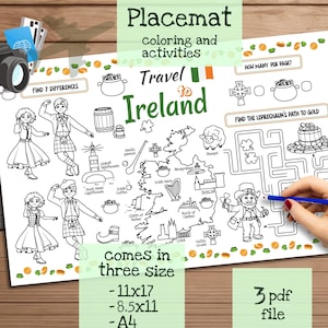 "Tischset ""Reise nach Irland""." Druckbare Malvorlage für Kinder. Reise Erinnerungsbogen. Kinder-Speisekarte für das Restaurant. Lernmittel und Spielzeug