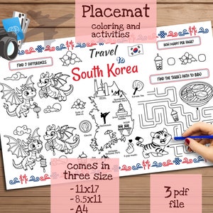 Tischset *+Reise nach Süd-Korea.+* Druckbare Malvorlage für Kinder. Reise Erinnerungsbogen. Kinder-Speisekarte für das Restaurant. Lernmittel und Spielzeug